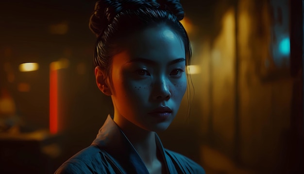 Uma mulher em um quimono azul fica na frente de um fundo escuro com uma luz brilhante