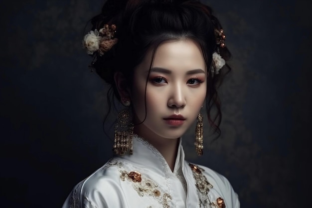 Uma mulher em um quimono branco com uma flor na cabeça
