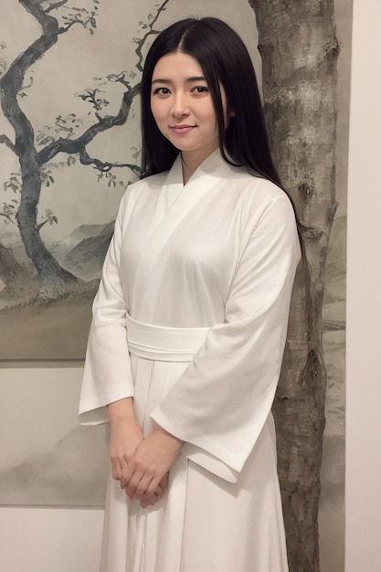 Uma mulher em um quimono branco está na frente de uma pintura.