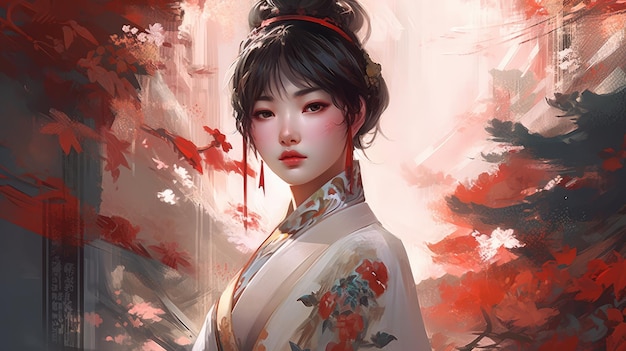 Uma mulher em um quimono com flores vermelhas no fundo