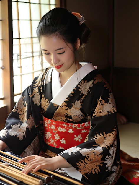 Uma mulher em um quimono com uma faixa vermelha e um par de pauzinhos.