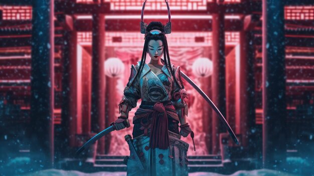 Foto uma mulher em um quimono fica na frente de um templo chinês.