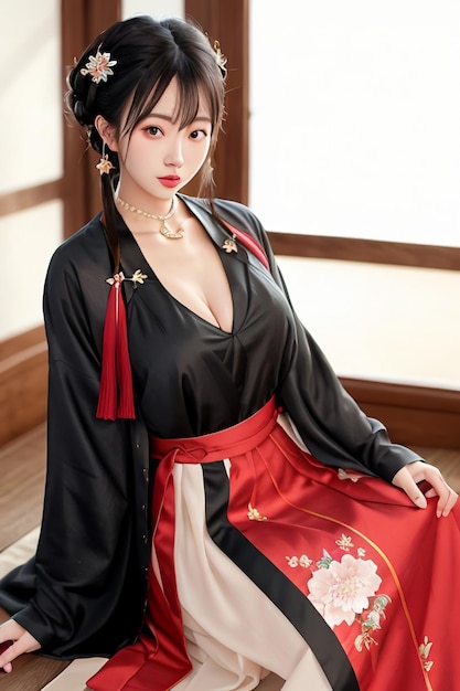 Uma mulher em um quimono preto com um padrão vermelho e branco e a palavra hanfu na frente.
