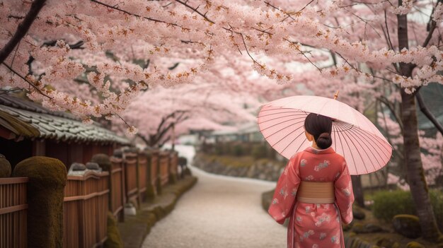 Uma mulher em um quimono rosa caminha sob uma cerejeira.