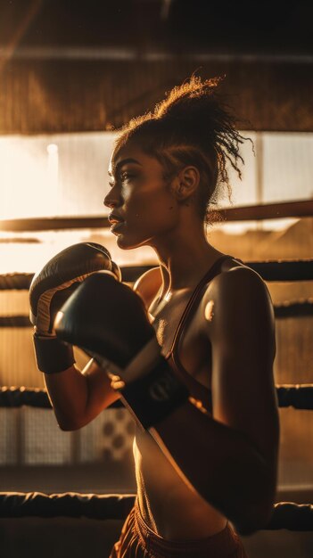 Uma mulher em um ringue de boxe com uma imagem de IA geradora de luva de boxe