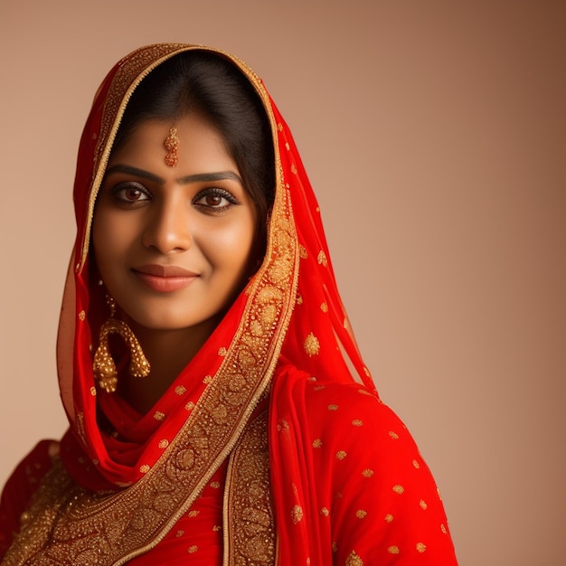 Uma mulher em um sari vermelho com desenhos dourados na cabeça