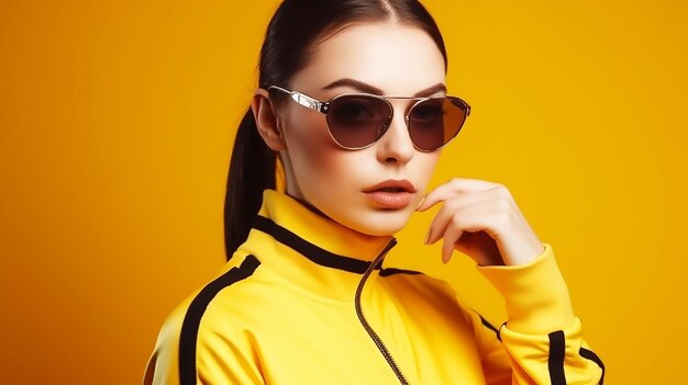 Uma mulher em um sportswear amarelo com óculos de sol