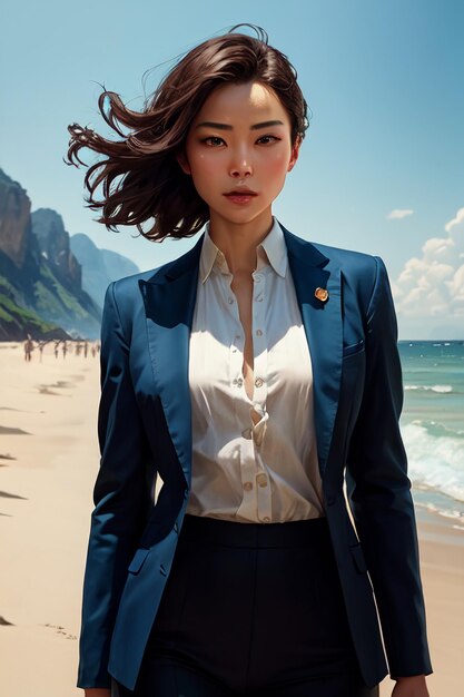 Uma mulher em um terno azul fica em uma praia