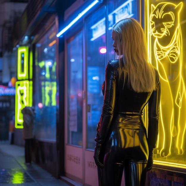 Foto uma mulher em um terno de vinil preto posa em frente a um letreiro de néon