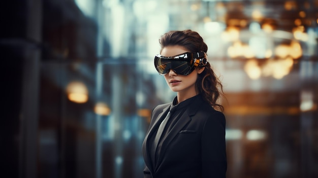 Uma mulher em um terno formal usando óculos de realidade aumentada contra uma cidade futurista embaçada gerada por IA