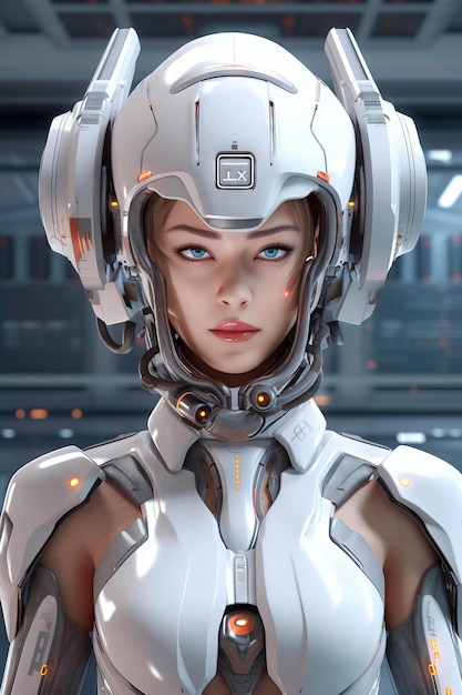 Uma mulher em um terno futurista com um capacete que diz 'cyberpunk' nele