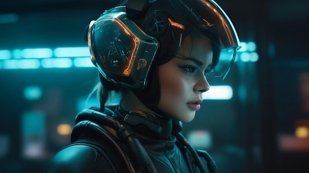 Uma mulher em um terno futurista com um capacete que diz 'cyberpunk' nele