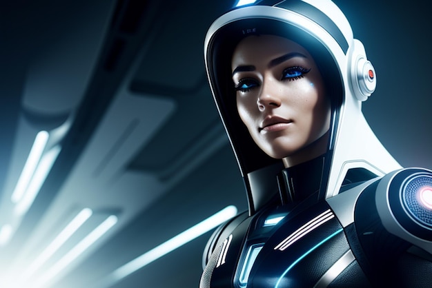 Uma mulher em um terno futurista com uma luz azul no rosto.