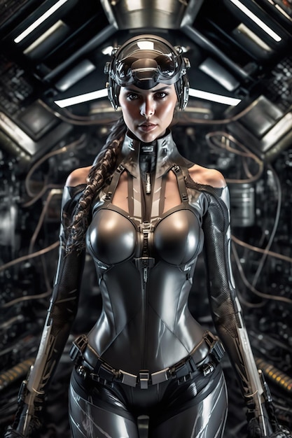 Uma mulher em um terno futurista fica na frente de uma máquina futurista.