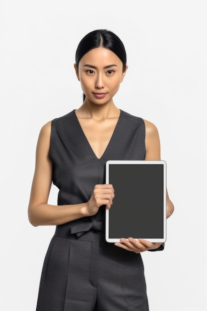 Foto uma mulher em um terno preto segurando um tablet