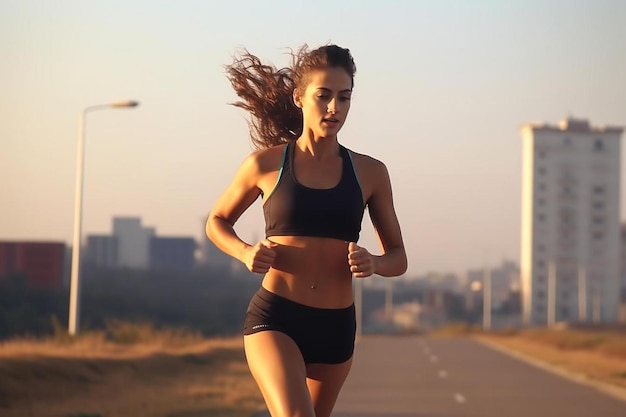 uma mulher em um top de sutiã esportivo correndo em uma estrada