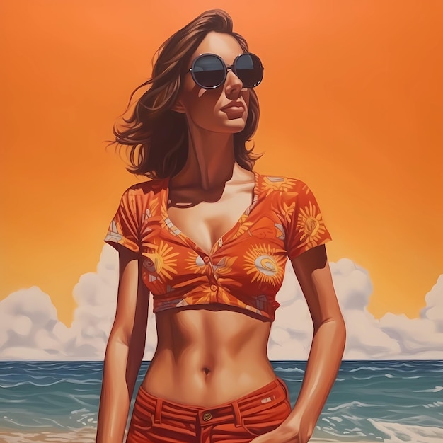 Uma mulher em um top laranja e shorts fica em uma praia AI generative