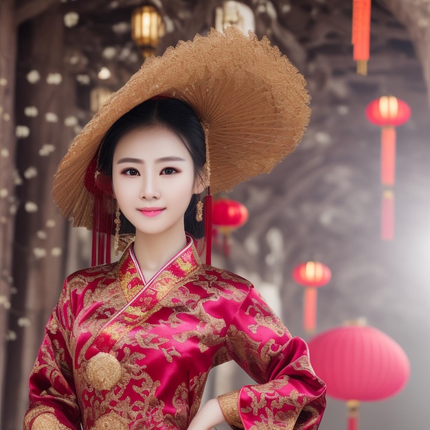 Uma mulher em um traje chinês com um grande chapéu