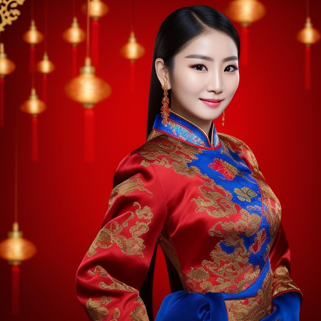 Uma mulher em um traje chinês vermelho e dourado