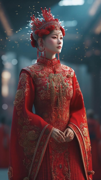 Uma mulher em um traje chinês vermelho está em uma cena escura.