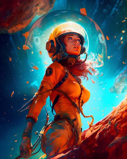 Uma mulher em um traje de astronauta laranja está na frente de um planeta.