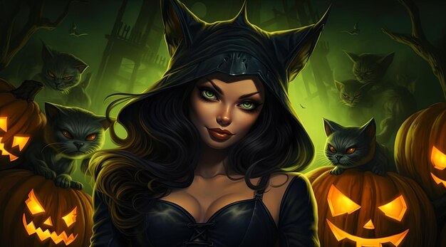 uma mulher em um traje de Halloween está em frente a um gato preto