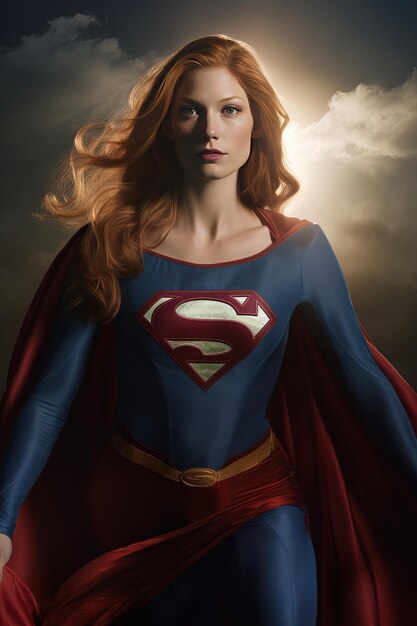 Foto uma mulher em um traje de super-herói está em frente a uma luz