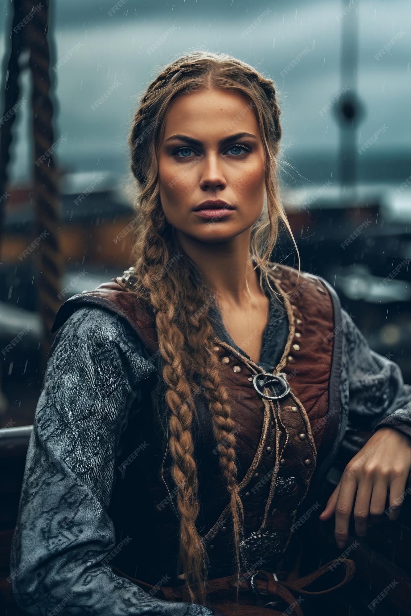 Uma mulher em uma fantasia de viking fica na chuva.