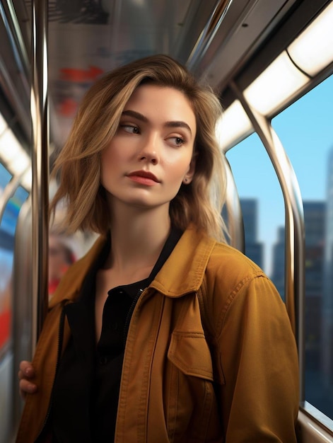 Uma mulher em um trem do metrô com a cidade atrás dela