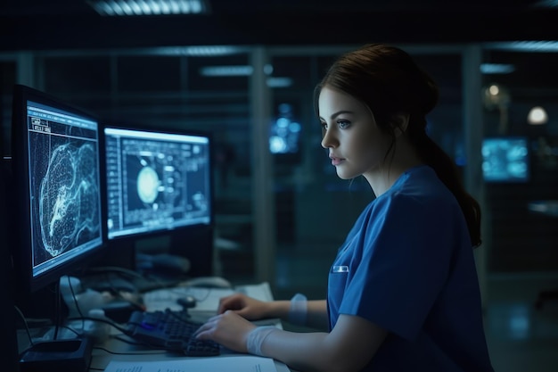 Uma mulher em um uniforme azul senta-se em um computador em uma sala escura olhando para a tela do monitor