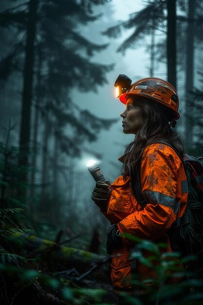 Foto uma mulher em um uniforme de voluntário ou bombeiro procura na floresta com uma lanterna por pessoas desaparecidas