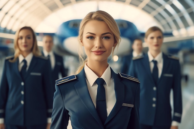 Uma mulher em um uniforme de vôo está na frente de um avião.