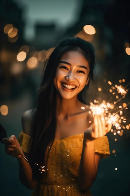 Uma mulher em um vestido amarelo segura estrelinhas nas mãos.