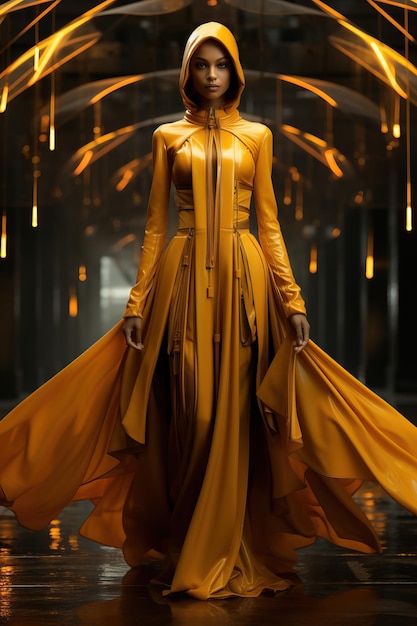 Uma mulher em um vestido amarelo