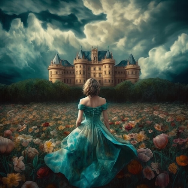 Uma mulher em um vestido azul está em um campo de flores com um castelo ao fundo.