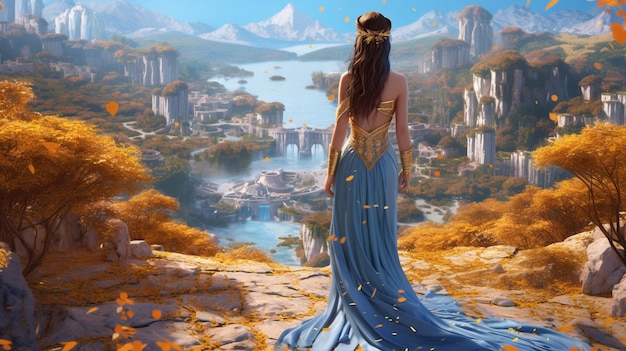 Uma mulher em um vestido azul está em um penhasco com vista para uma cidade.