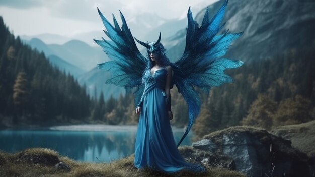 Uma mulher em um vestido azul está na frente de um lago na montanha.
