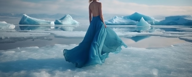 Uma mulher em um vestido azul fica na água na frente de icebergsgenerative ai
