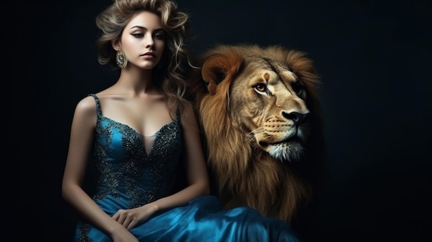 Uma mulher em um vestido azul senta-se ao lado de um leão gerativo ai