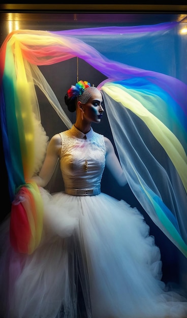 Uma mulher em um vestido branco com as cores do arco-íris