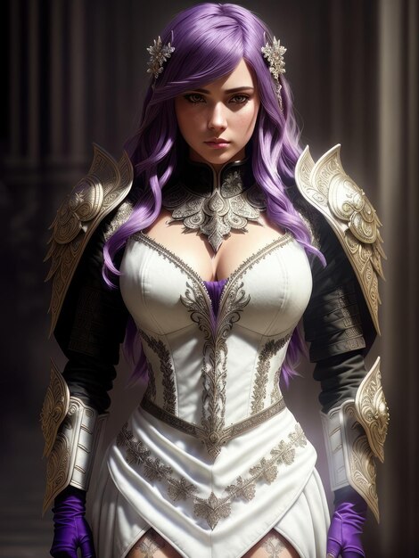 Uma mulher em um vestido branco com cabelo roxo e uma espada.