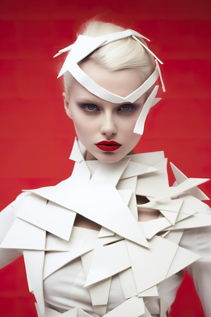 Uma mulher em um vestido branco com um monte de papéis em sua imagem de ai generativa de cabeça