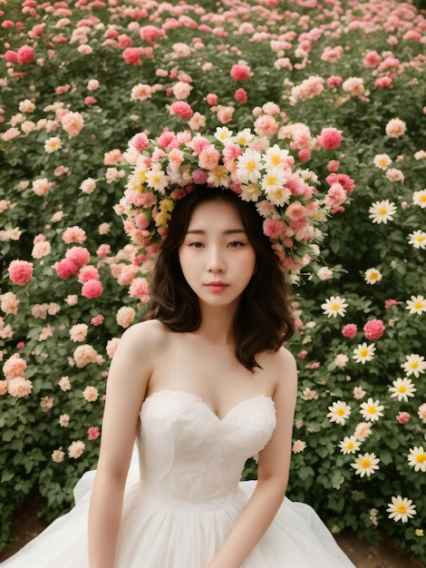 Uma mulher em um vestido branco com uma coroa de flores na cabeça está em frente a um canteiro de flores.