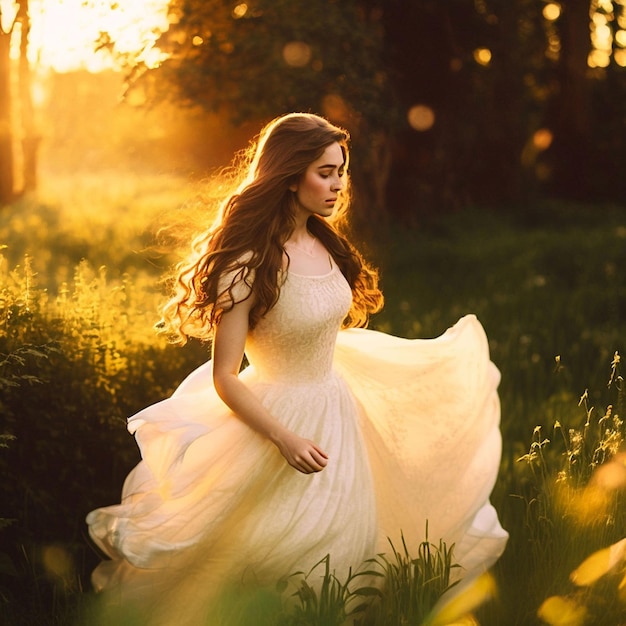 Uma mulher em um vestido branco corre por um campo de grama