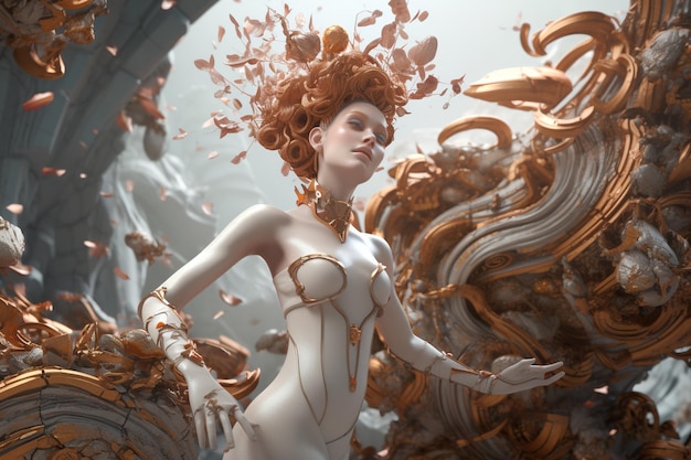 Uma mulher em um vestido branco em pé na frente de uma imagem ai generativa de escultura de ouro