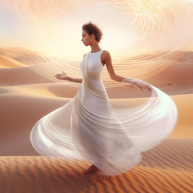 Uma mulher em um vestido branco está andando no deserto