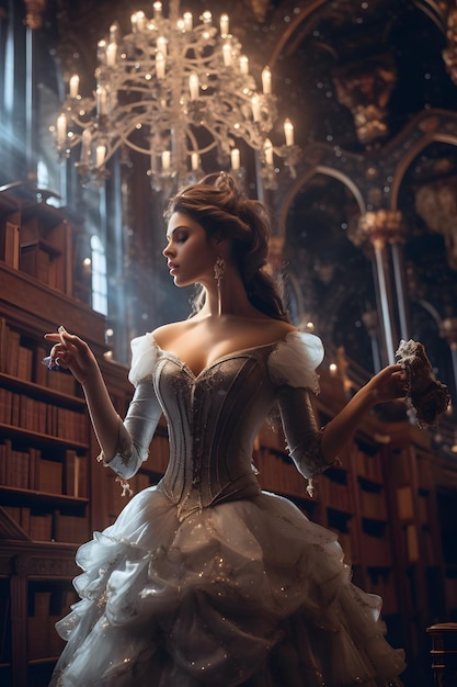 Uma mulher em um vestido branco está em frente a uma biblioteca com um lustre e uma estante de livros.