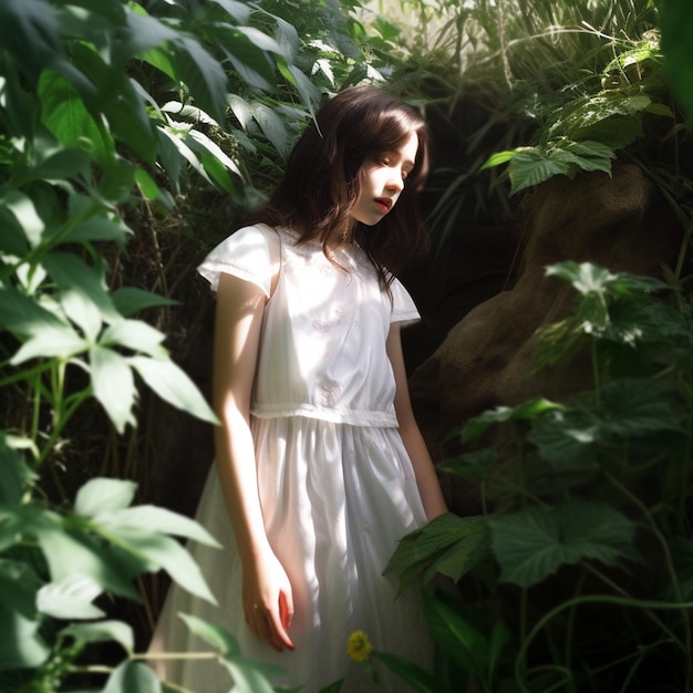 Uma mulher em um vestido branco está em um campo de plantas verdes.