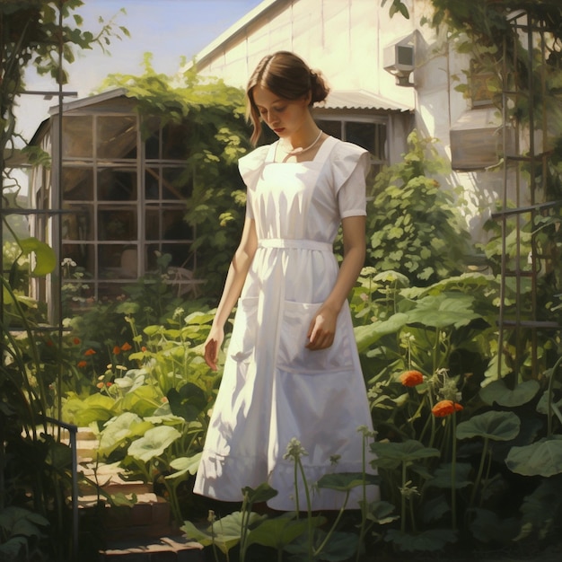 Uma mulher em um vestido branco está em um jardim.