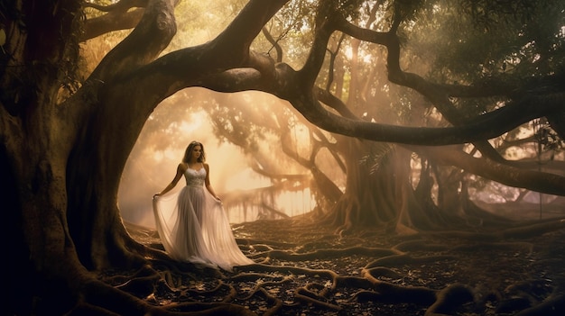 Uma mulher em um vestido branco está em uma floresta com uma árvore ao fundo.